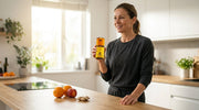 Active adult drinking a can of JUCED Orange, Peach and Ginger protein drink after a gym session, representing everyday longevity nutrition