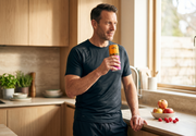 Active adult in their 40s holding a can of JUCED Cloudy Apple and Raspberry protein drink after a gym session