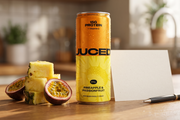 Can of JUCED protein drink on a kitchen counter surrounded by fresh fruit and a handwritten review card