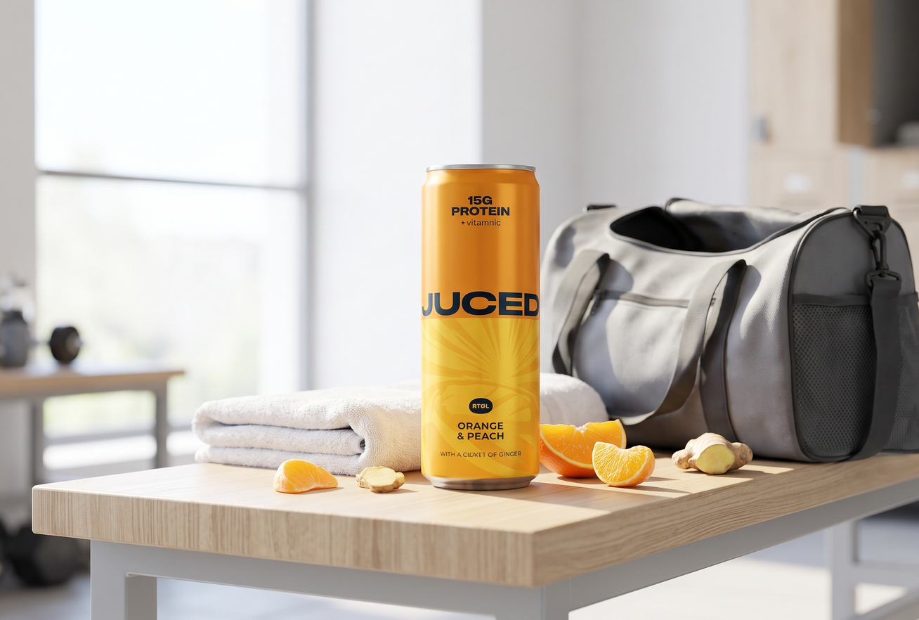 Can of JUCED ready to drink protein next to a gym bag and fresh fruit on a bench