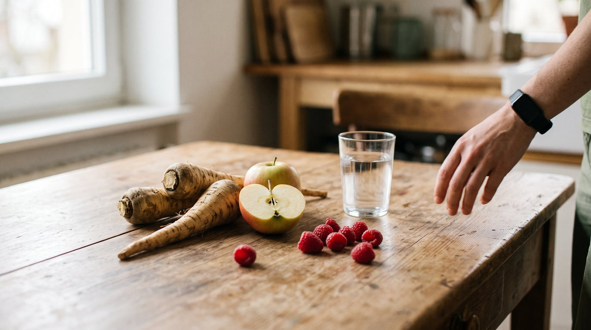 Chicory roots, apple slices and raspberries on a wooden table