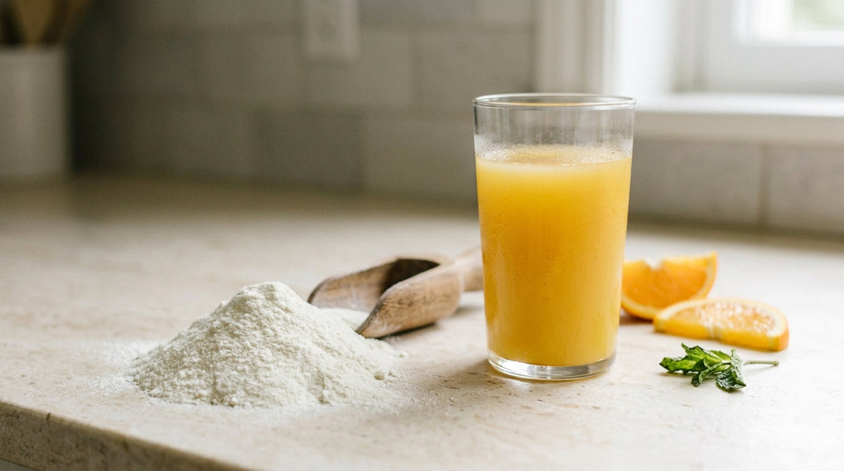 Collagen powder in a scoop beside a glass of fruit juice on a kitchen worktop