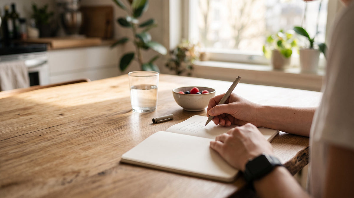Hands writing a list in a notebook at a kitchen table