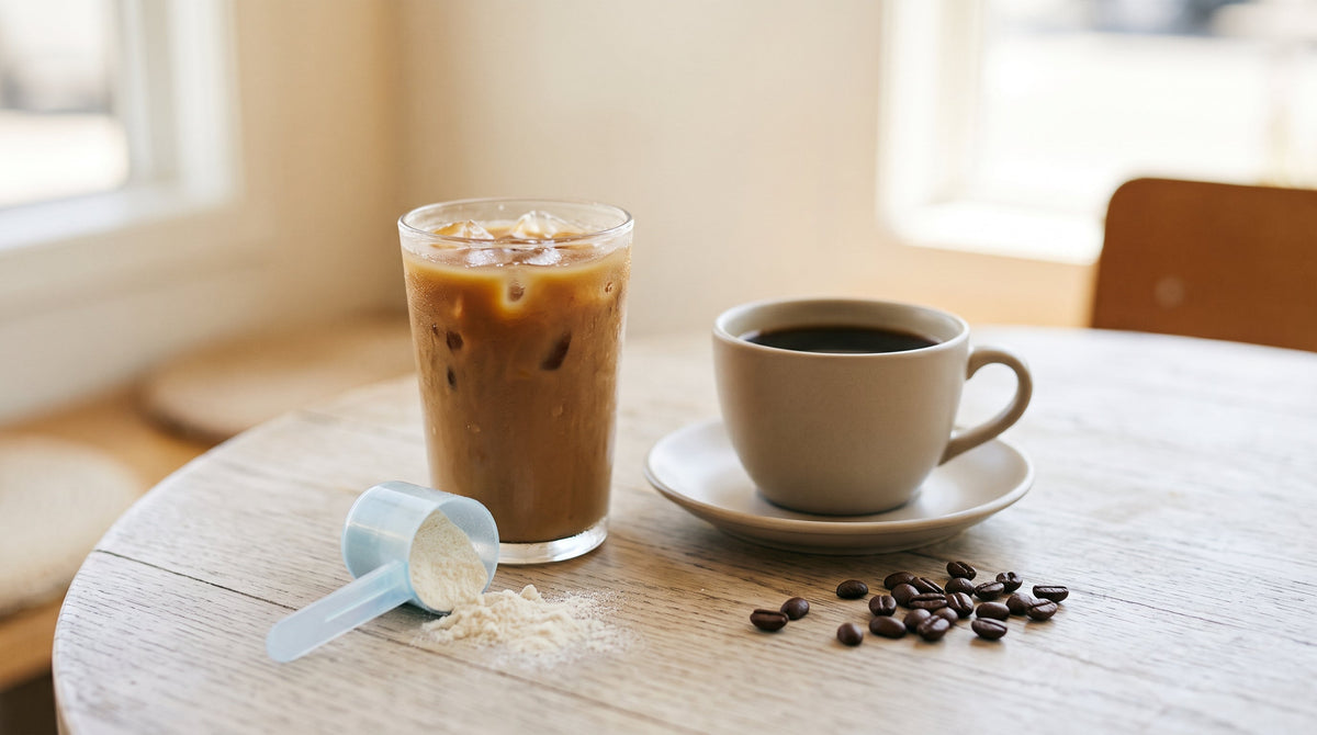 Iced coffee and a coffee cup beside a scoop of powder