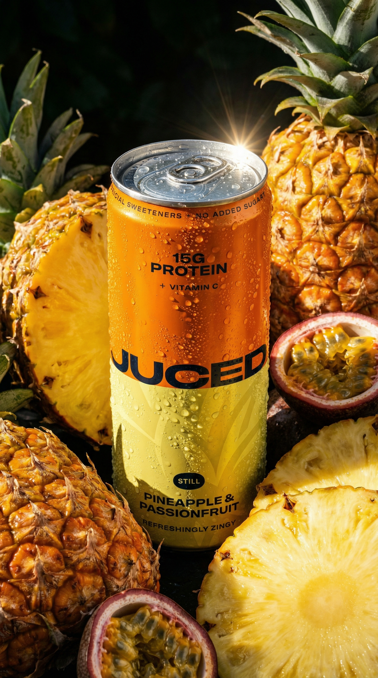 A can of JUCED clean protein drink surrounded by fresh fruit, positioned as a refreshing alternative to protein shakes