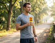 Runner holding a can of JUCED Orange, Peach and Ginger protein drink on a park running trail after a morning run