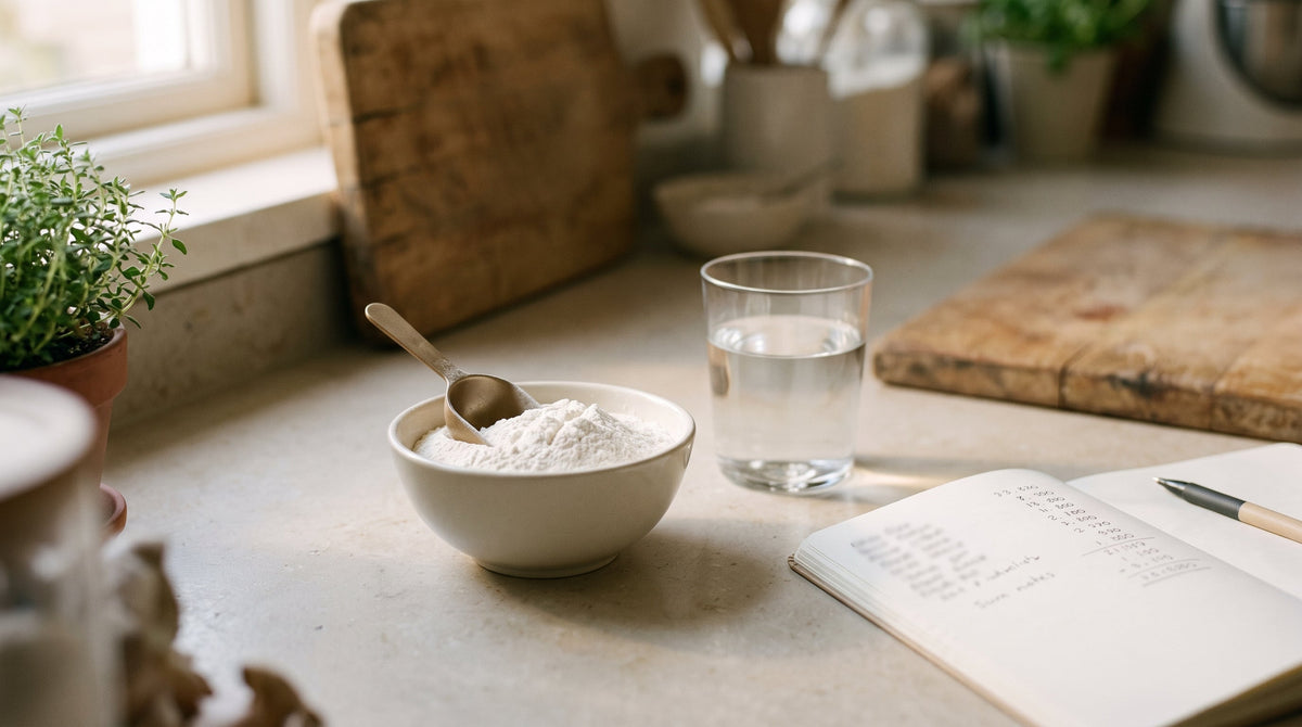 Scoop of white powder in a ceramic bowl beside a notebook and pen