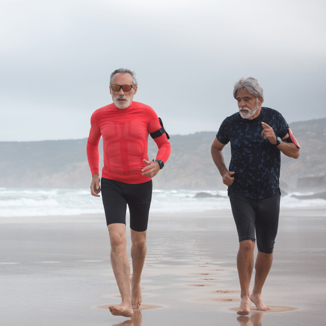 two elderly men exercising