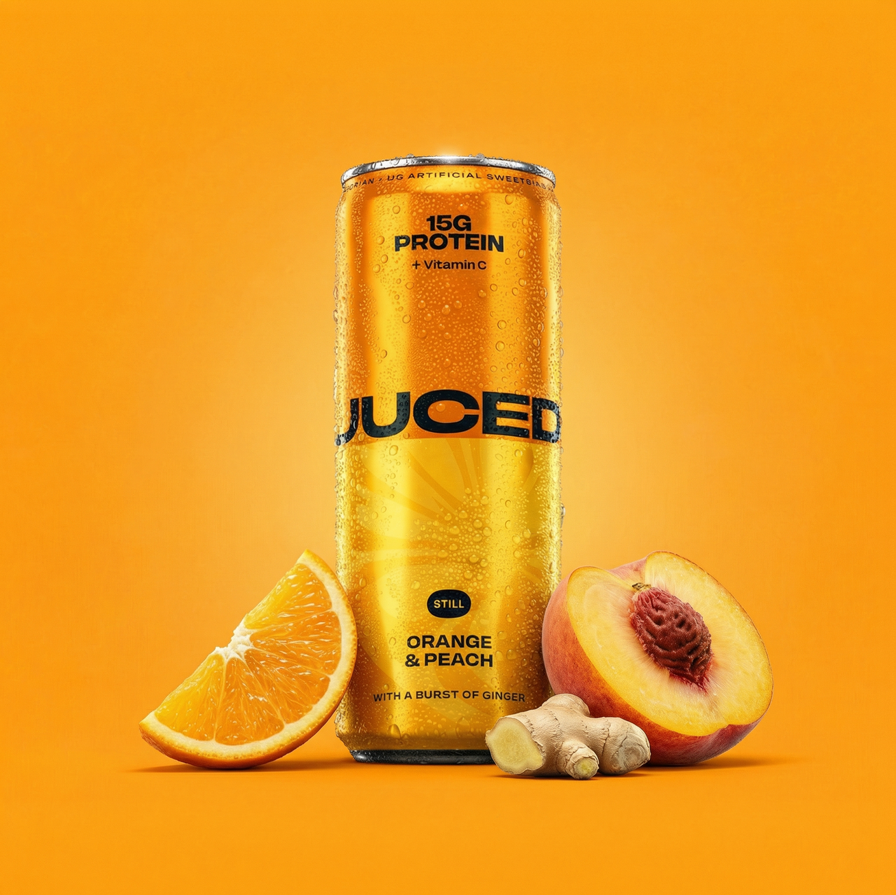 A can of JUCED next to fresh fruit, representing bovine collagen protein in a light, fruit-based drink