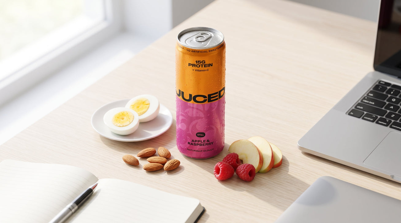 fruit protein can beside a light mid-afternoon snack spread, showing a practical protein snack idea for bridging the gap between meals