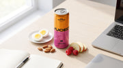 fruit protein can beside a light mid-afternoon snack spread, showing a practical protein snack idea for bridging the gap between meals