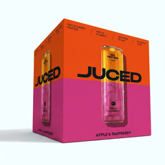 A can of JUCED collagen peptides drink next to fresh fruit, illustrating a light, clear collagen protein drink
