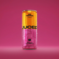 JUCED Apple & Raspberry can on a pink background