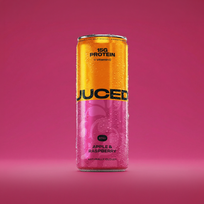 JUCED Apple & Raspberry can on a pink background