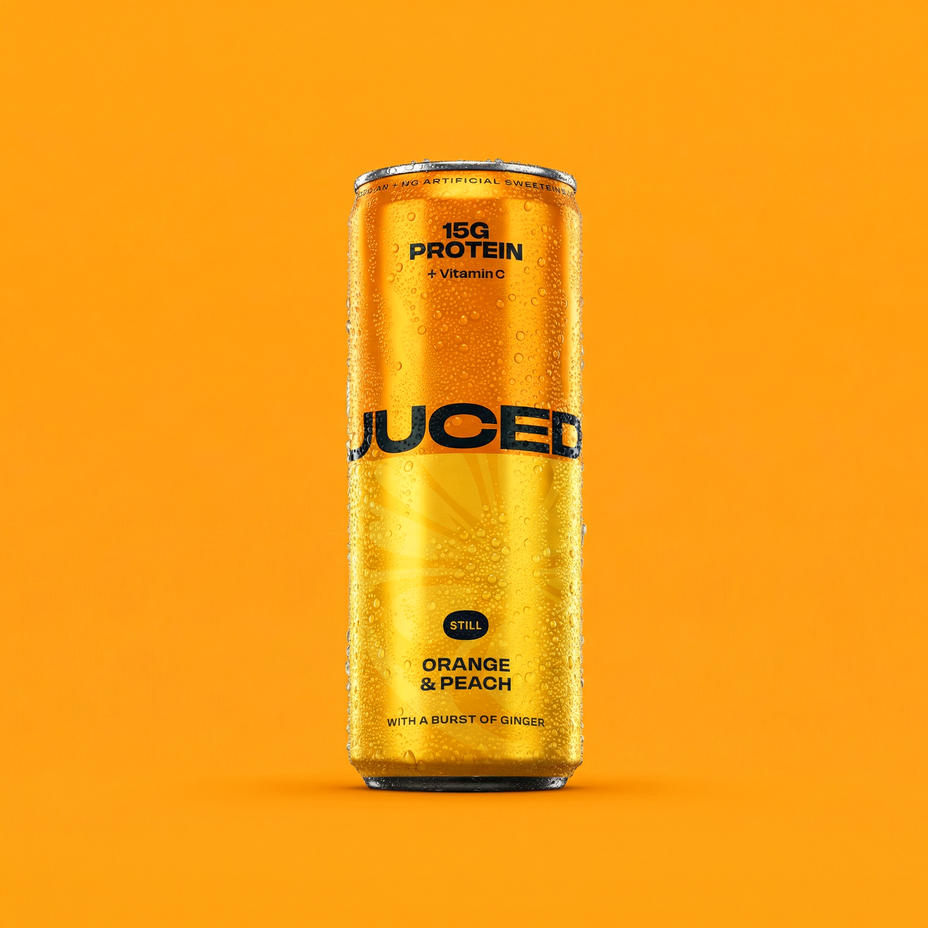 JUCED Orange & Peach can on an orange background