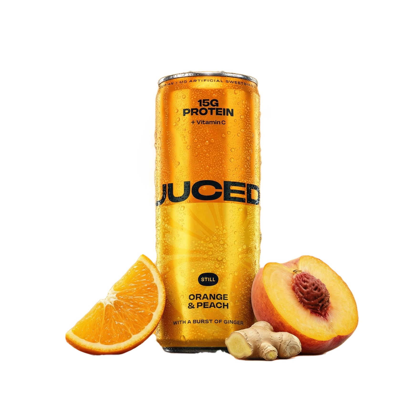 JUCED Orange & Peach can with fruit