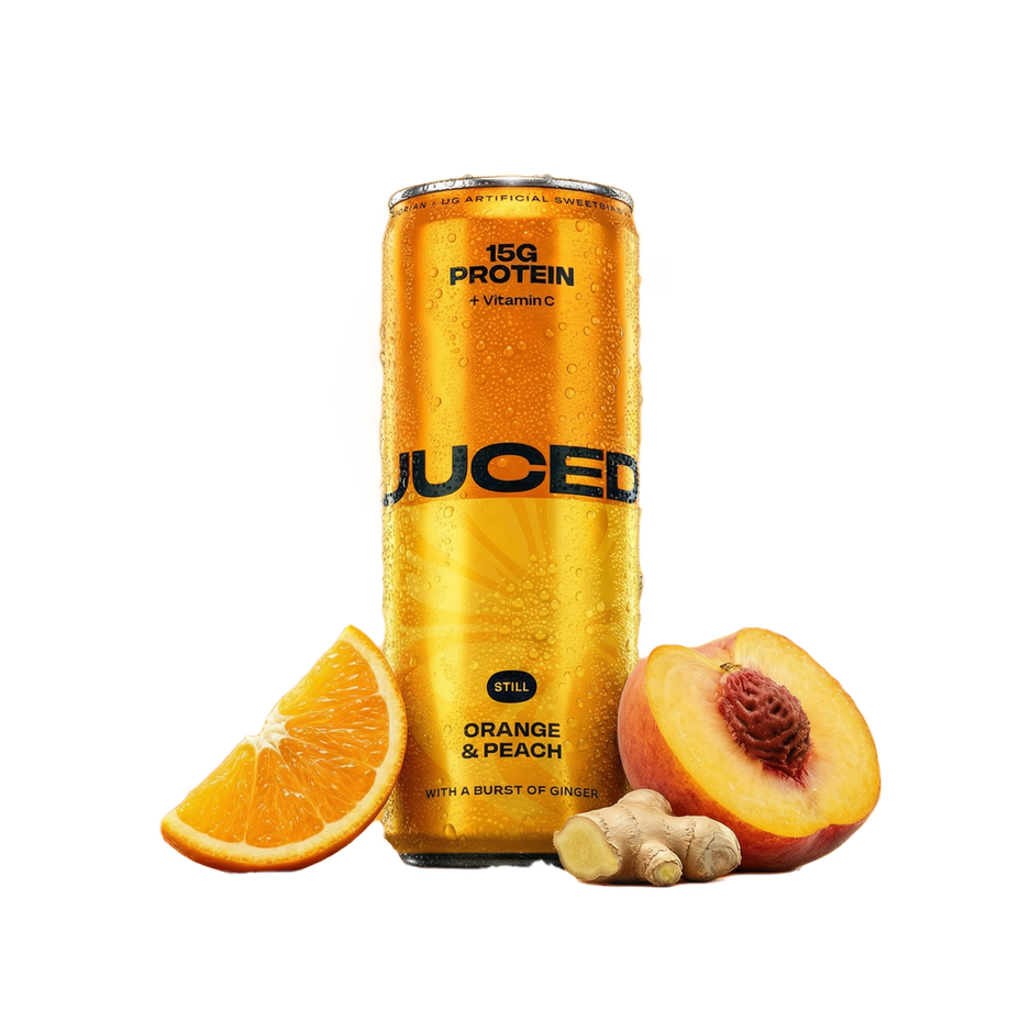 JUCED Orange & Peach can with fruit