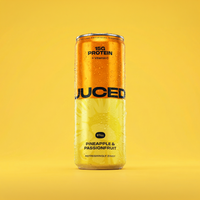 JUCED Pineapple & Passionfruit can on a yellow background