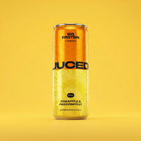JUCED Pineapple & Passionfruit can on a yellow background