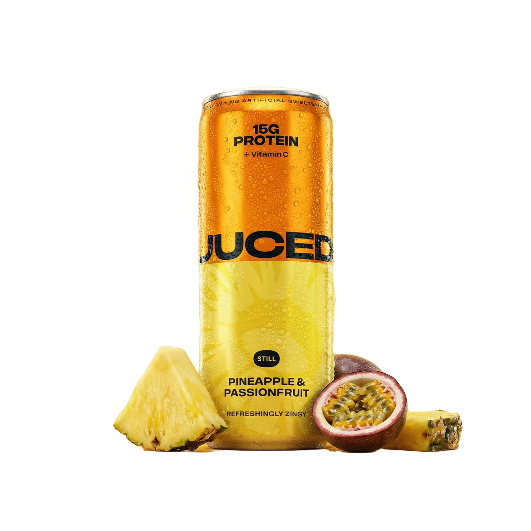 JUCED Pineapple & Passionfruit can with fruit
