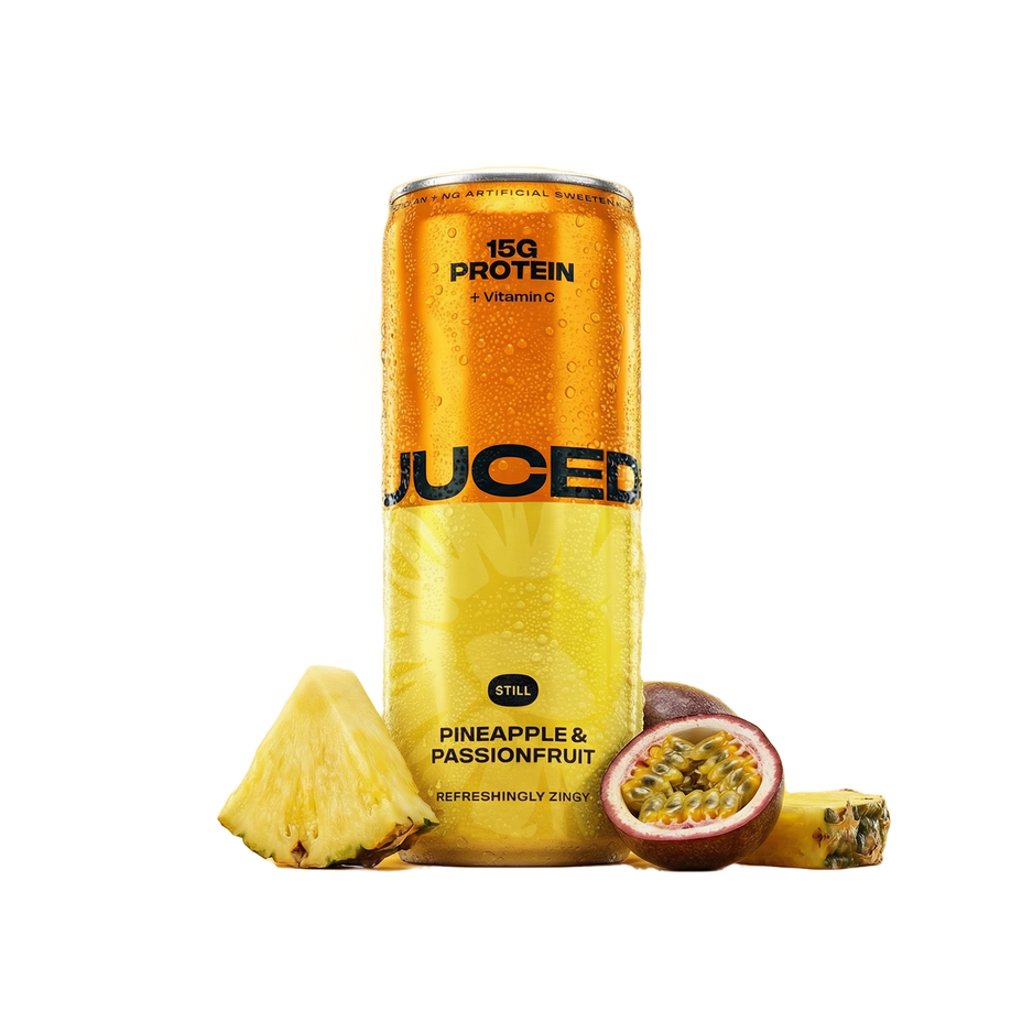 JUCED Pineapple & Passionfruit can with fruit